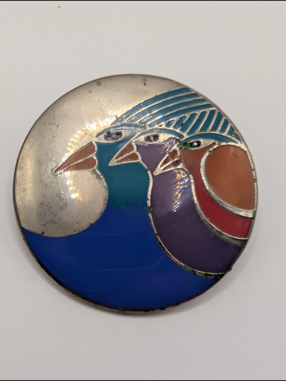 Laurel Burch Enamel Three-Bird Brooch in Blue, Purple, Orange